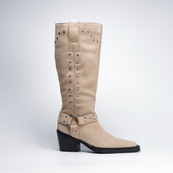 Beige Suede Knee-High Boots — Pointed Toe Stacked Heel Stud Detail